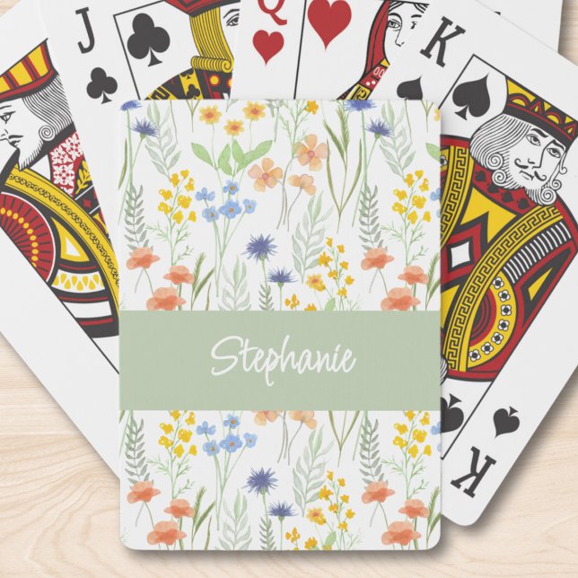 Jeu De Cartes Fleur sauvage aquarelle monogramme nom vert orange (Créateur téléchargé)