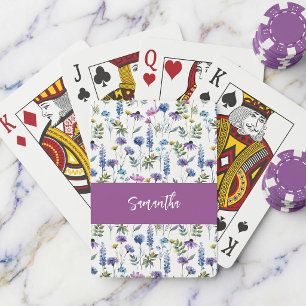 Jeu De Cartes Fleur Sauvage Bleu Violet Monogramme Nom Aquarelle