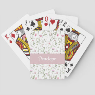 Jeu De Cartes Fleur sauvage rose aquarelle monogramme nom carte