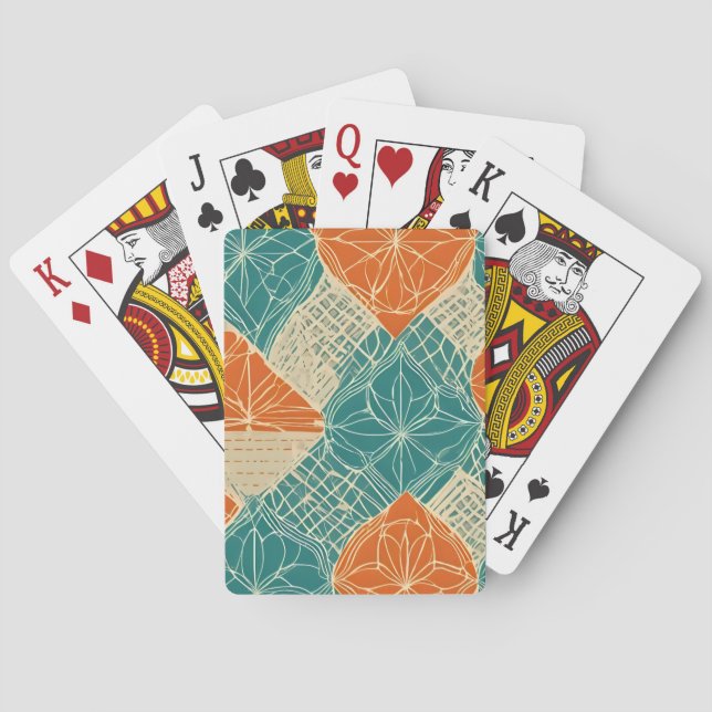 Jeu De Cartes Fleurs abstraites sarcelle, orange et chamois (dos)