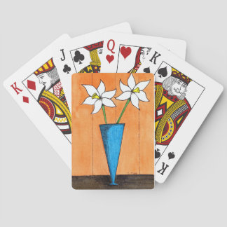 Jeu De Cartes Fleurs blanches du milieu du siècle en Vase Bleu
