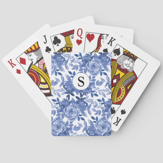 Jeu De Cartes Fleurs botaniques bleues Monogramme  (dos)