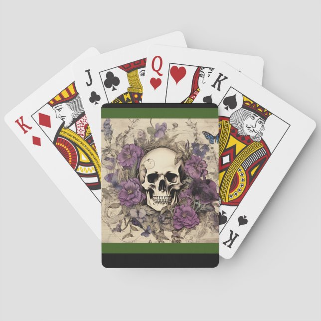 Jeu De Cartes Fleurs crâniennes vintages pourpres (dos)