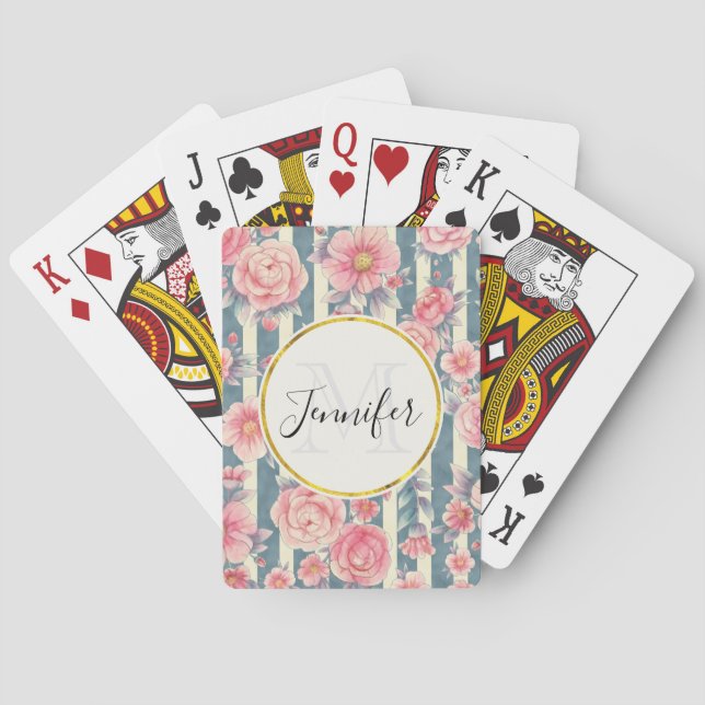 Jeu De Cartes Fleurs d'aquarelle rose sur bandes Monogramme (dos)