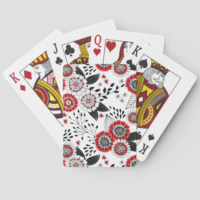 Jeu De Cartes Fleurs de gribouillis et feuilles en rouge et noir (dos)