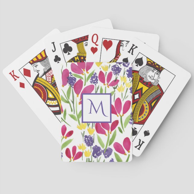 Jeu De Cartes Fleurs de jardin monogrammes rose violet jaune (dos)