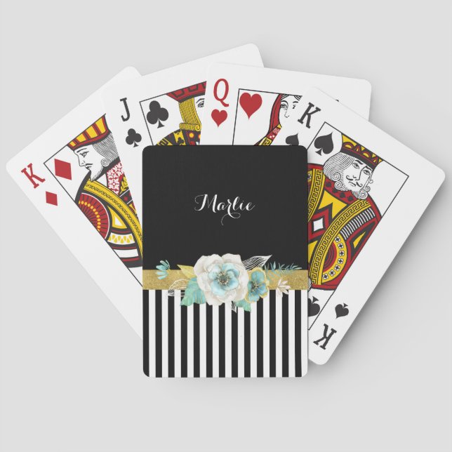 Jeu De Cartes Fleurs de menthe d'or chic avec bandes noires et n (dos)