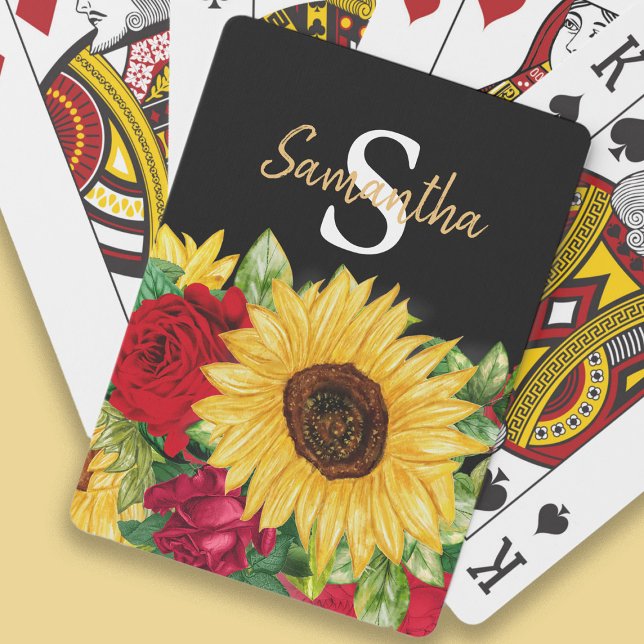 Jeu De Cartes Fleurs de soleil jaunes Roses rouges Monogramme no (Sunflowers and roses on black playing cards personalized with your monongram)