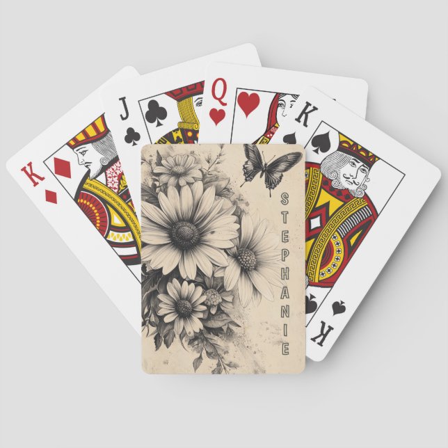 Jeu De Cartes Fleurs et papillons rustiques - Papier vieilli (11 (dos)