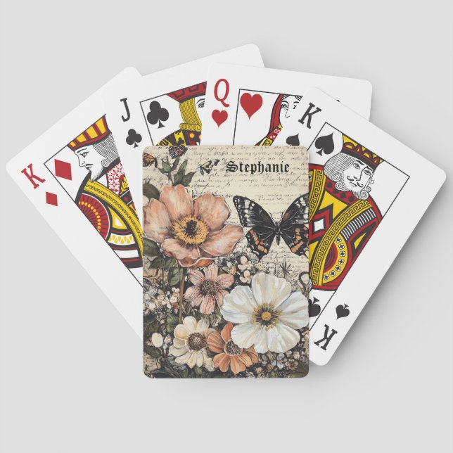 Jeu De Cartes Fleurs et papillons rustiques - Papier vieilli (14 (dos)