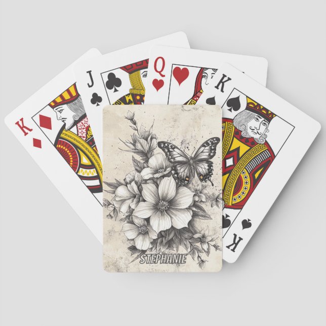 Jeu De Cartes Fleurs et papillons rustiques - Papier vieilli (5) (dos)