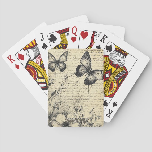 Jeu De Cartes Fleurs et papillons rustiques - Papier vieilli (7) (dos)