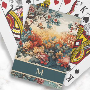 Jeu De Cartes Fleurs Feuilles Monogramme Initial Orange Turquois