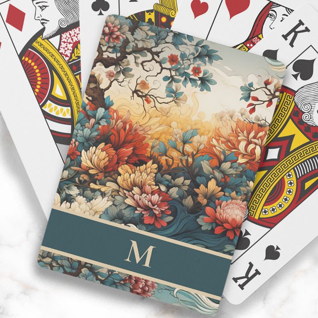 Jeu De Cartes Fleurs Feuilles Monogramme Initial Orange Turquois (Elegant orange and teal flowers and leaves monogram playing cards)