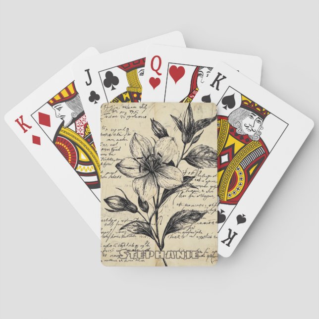 Jeu De Cartes Fleurs Marron Antique Calligraphie Parchemin (dos)