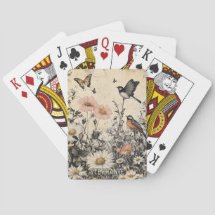 Jeu De Cartes Fleurs, oiseaux et papillon sur papier vieilli