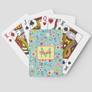 Jeu De Cartes Fleurs printanières sur monogramme bleu aqua