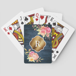 Jeu De Cartes Fleurs roses en monogramme doré sur bois marine ru