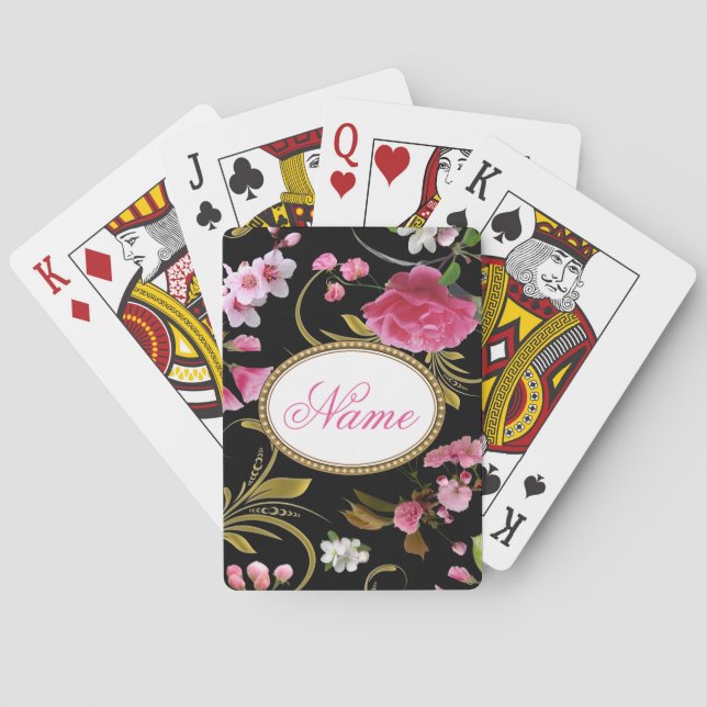 Jeu De Cartes Fleurs roses monogrammes ou texte personnalisé (dos)