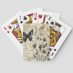 Jeu De Cartes Fleurs rustiques et papillon - Papier vieilli