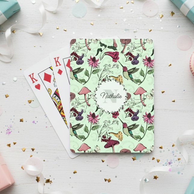 Jeu De Cartes Fleurs vertes branchées et Monogramme de colibris (Floral Hummingbird Playing Cards. Botanical Hummingbirds & Flowers Pattern for Animal & Bird Lovers)
