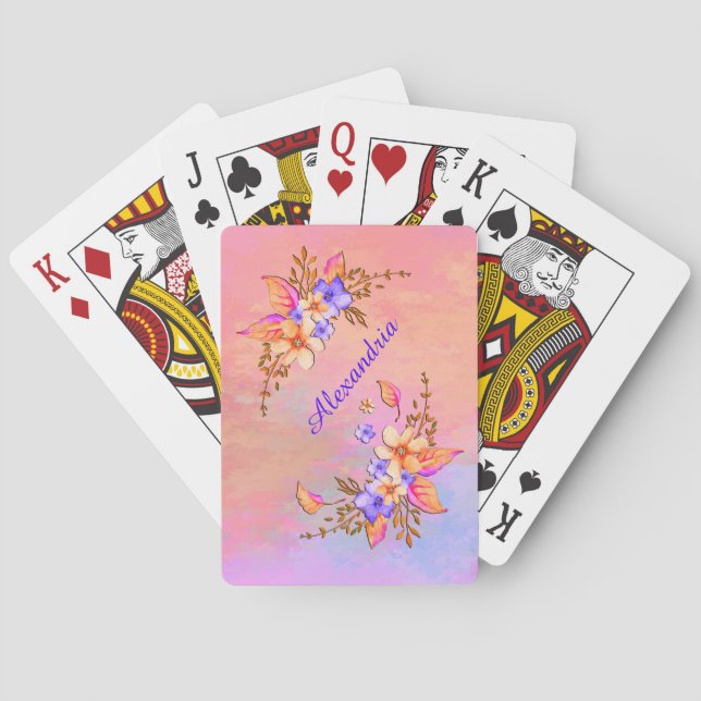Jeu De Cartes Fleurs violettes jaunes Motif d'aquarelle Abstrait (dos)