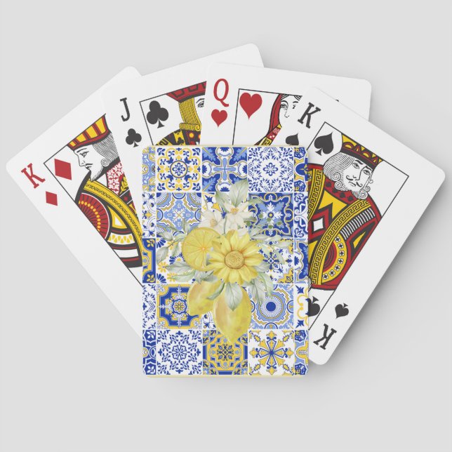 Jeu De Cartes Flores de mosaïque en bleu et jaune (dos)
