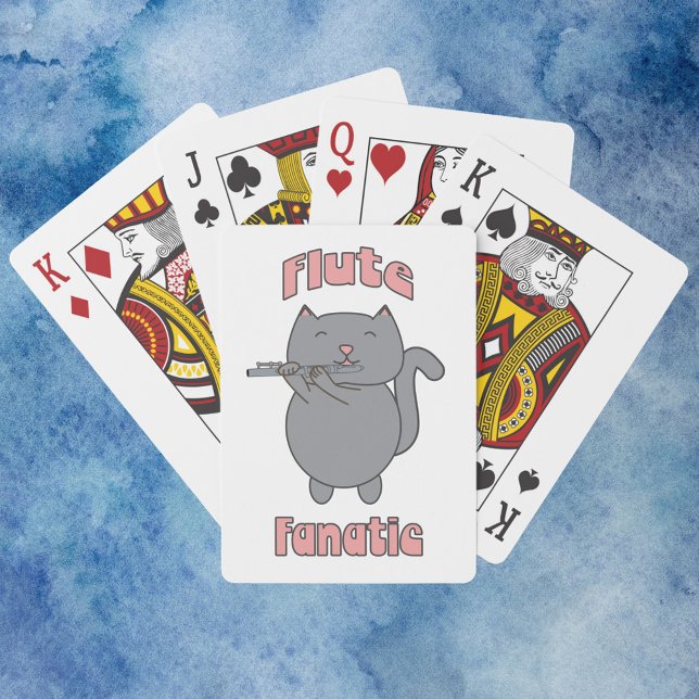 Jeu De Cartes Flute Fanatic Pink Gray Cat (A deck of playing cards that has a gray cat playing the flute with the words flute fanatic.)