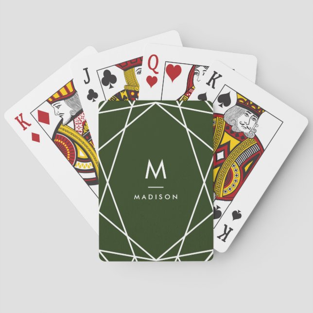 Jeu De Cartes Forêt moderne verte et blanche | Monogramme (dos)