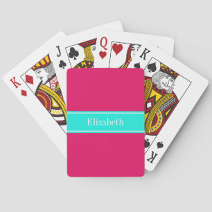 Jeu De Cartes Framboise solide, Ribbon Aqua brillant Nom Monogra
