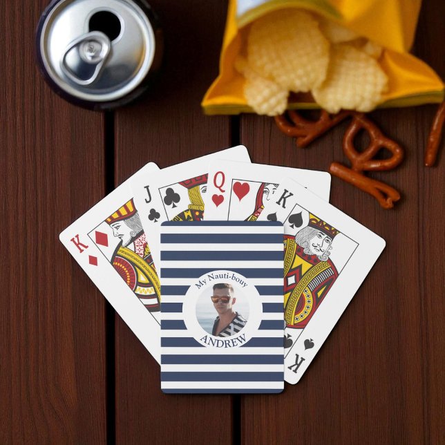 Jeu De Cartes Fun Nautique Bleu rayé Photo personnalisée (Créateur téléchargé)