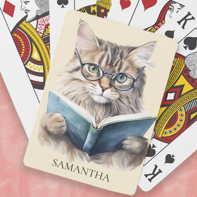 Jeu De Cartes Funny Bookworm Chat Lunettes Monogramme Nom (Bookworm cat playing cards personalized with your name
)