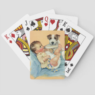 Jeu De Cartes Garçon mignonne vintage avec bouteille et Chien ch