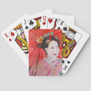 Jeu De Cartes Geisha japonaise avec parapluie rouge, œuvre d'art