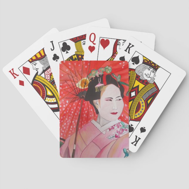 Jeu De Cartes Geisha japonaise avec parapluie rouge, œuvre d'art (dos)