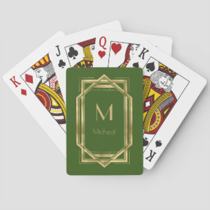 Jeu De Cartes Géométrique verte et Gold   Monogramme et nom
