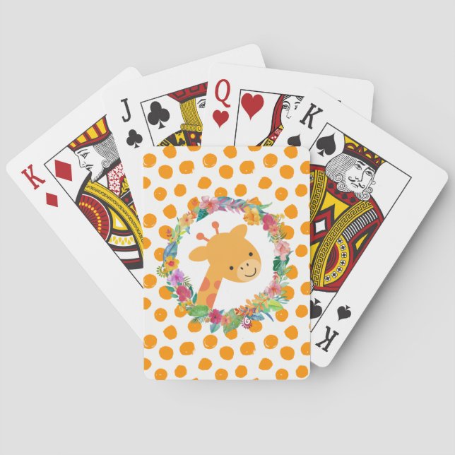 Jeu De Cartes Giraffe mignonne avec une couronne de fleurs sur d (dos)