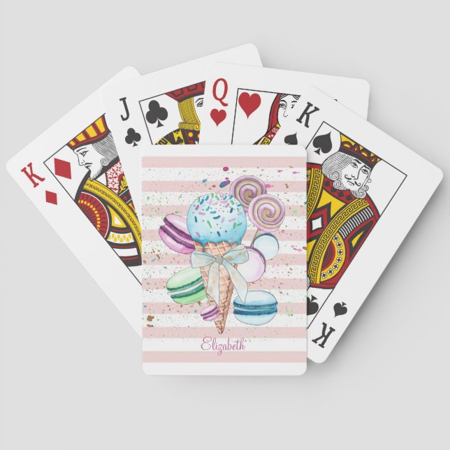 Jeu De Cartes Glace à l'aquarelle,Macarons,Rayes roses (dos)