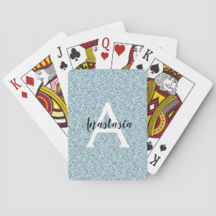 Jeu De Cartes Glam Bleu Paillettes Argentées Monogramme Nom