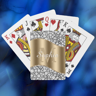 Jeu De Cartes Glam Diamants sur Noir, Monogramme Or, Nom en Scri