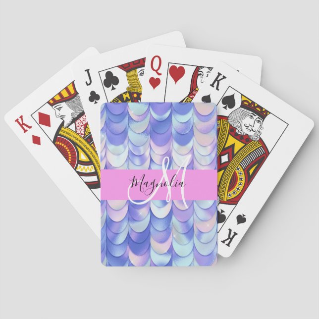 Jeu De Cartes Glam Iridescent Écailles de Sirène Monogramme Bleu (dos)