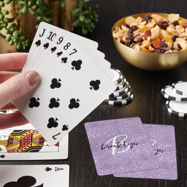 Jeu De Cartes Glam Purple Silver Leopard Spots Script Monogramme (In Situ)