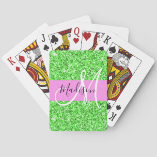 Jeu De Cartes Glamour Rose et Vert Paillettes Monogramme Nom