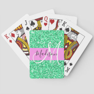 Jeu De Cartes Glamour Rose et Vert Paillettes Monogramme Nom