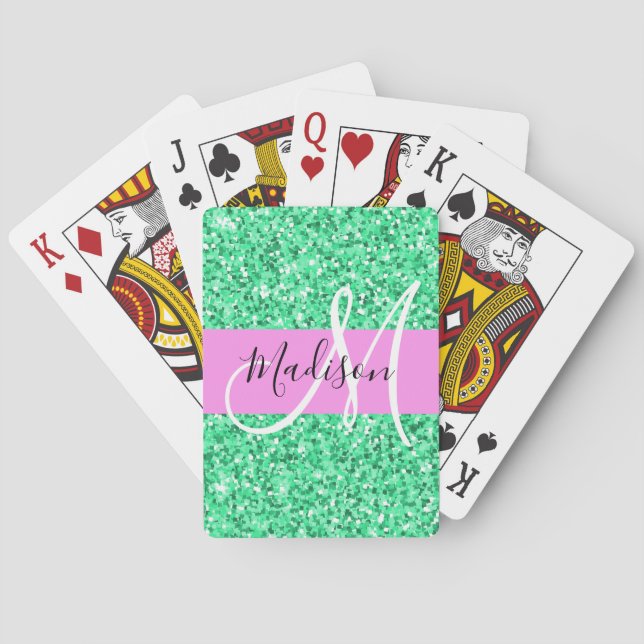 Jeu De Cartes Glamour Rose et Vert Paillettes Monogramme Nom (dos)