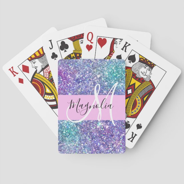 Jeu De Cartes Glamour Violet, Bleu & Vert Paillettes Monogramme (dos)