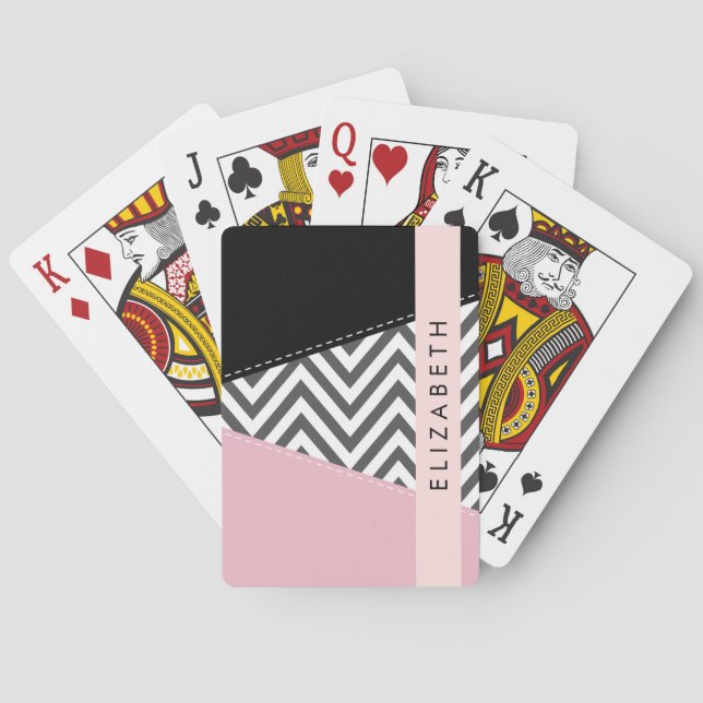 Jeu De Cartes Grey Zigzag, Grey Chevron, Rose, Votre Nom (dos)
