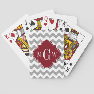 Jeu De Cartes Gris blanc Chevron Bourgogne Quatrefoil 3 Monogram