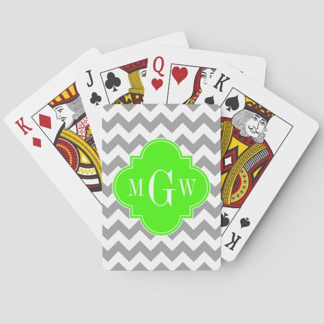 Jeu De Cartes Gris Blanc Chevron Vert Citron Quatrefeuille 3 Mon (dos)