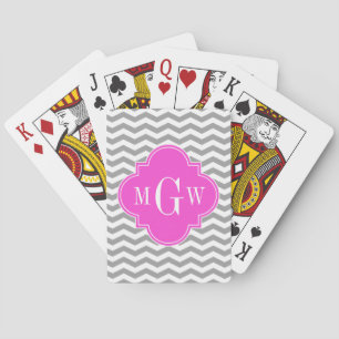 Jeu De Cartes Gris Chevron Rose Chaud Quatrefoil 3 Monogramme Tn
